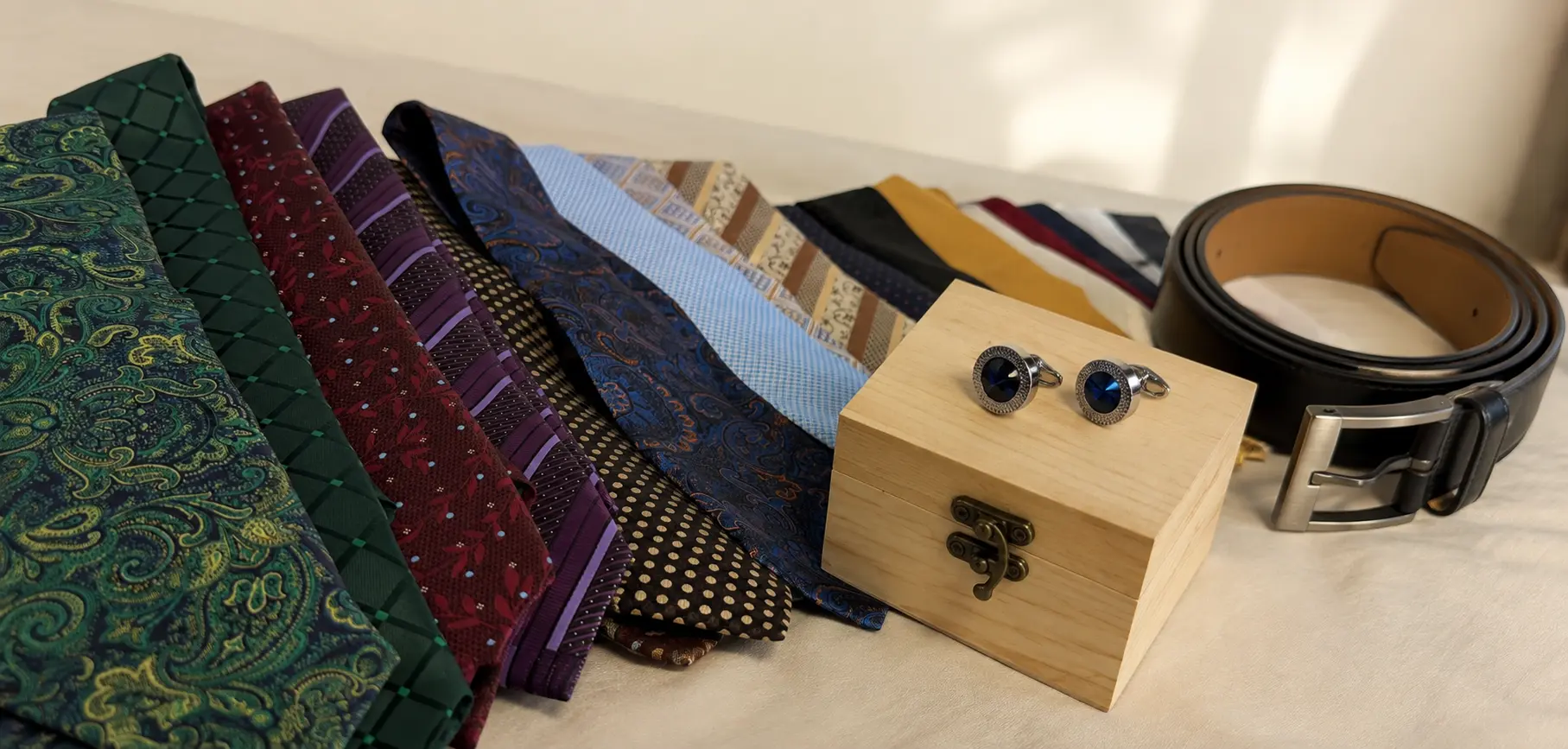 Men's ties, cufflinks and leather belt accessories at Enoch Tailor Shop